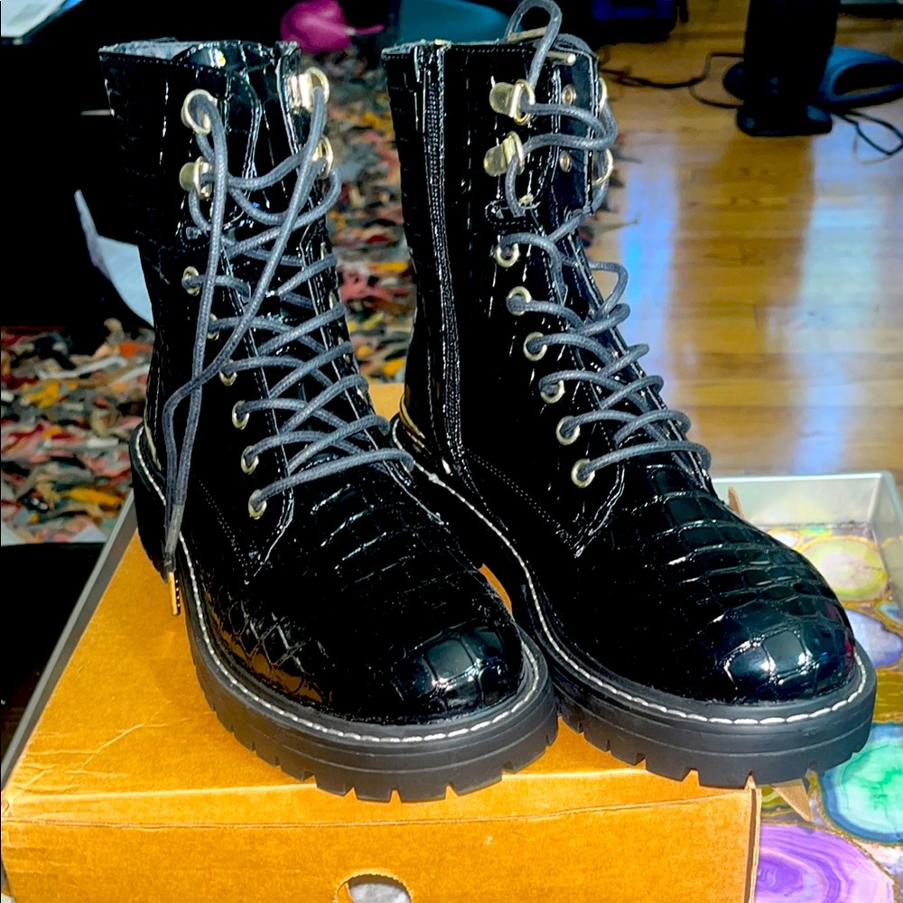 Topshop Black Combat Boots with Lace-Up Design